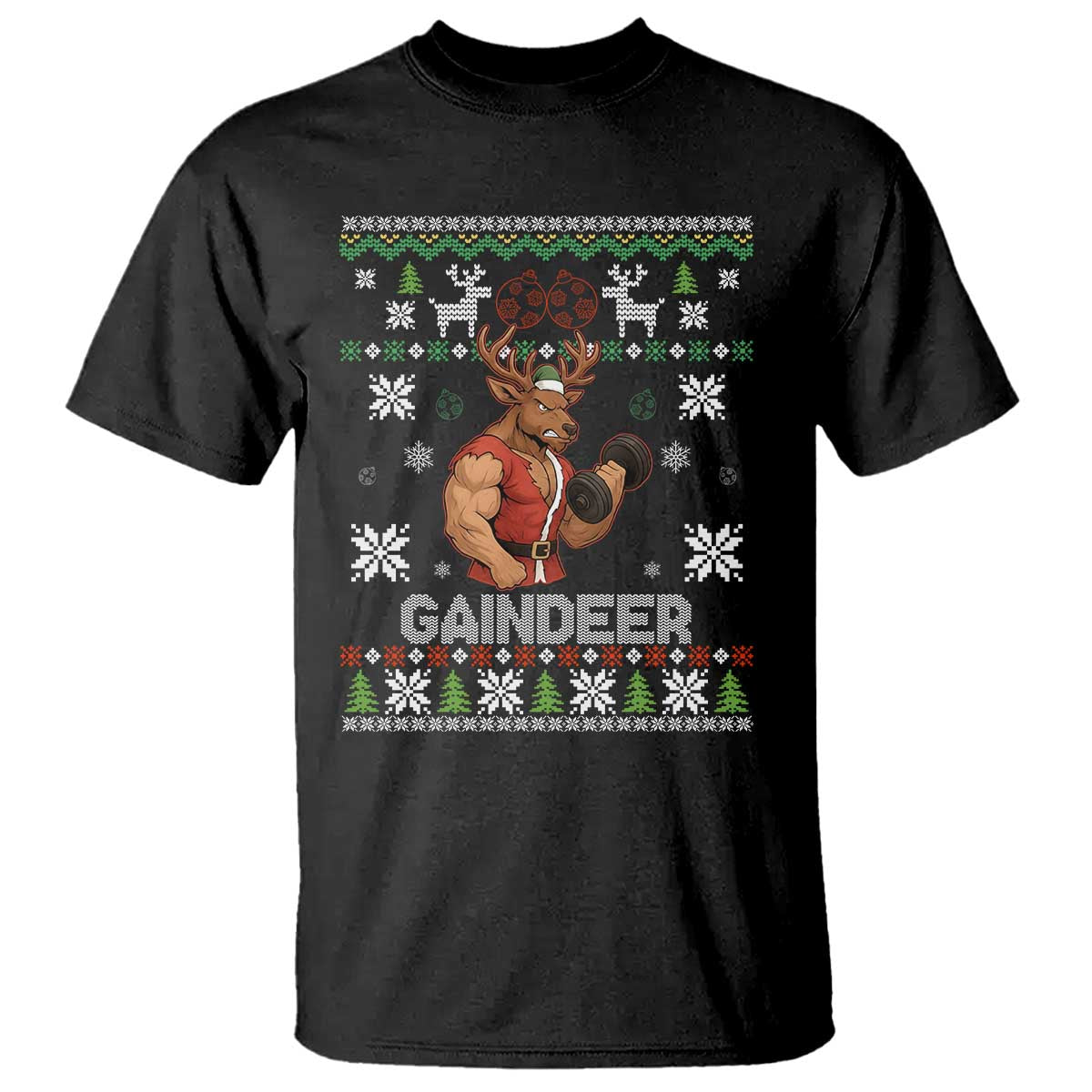 Funny Christmas Workout Gaindeer T Shirt Muscular Reindeer Holiday Gym Humor Wordplay TS02 Black Print Your Wear