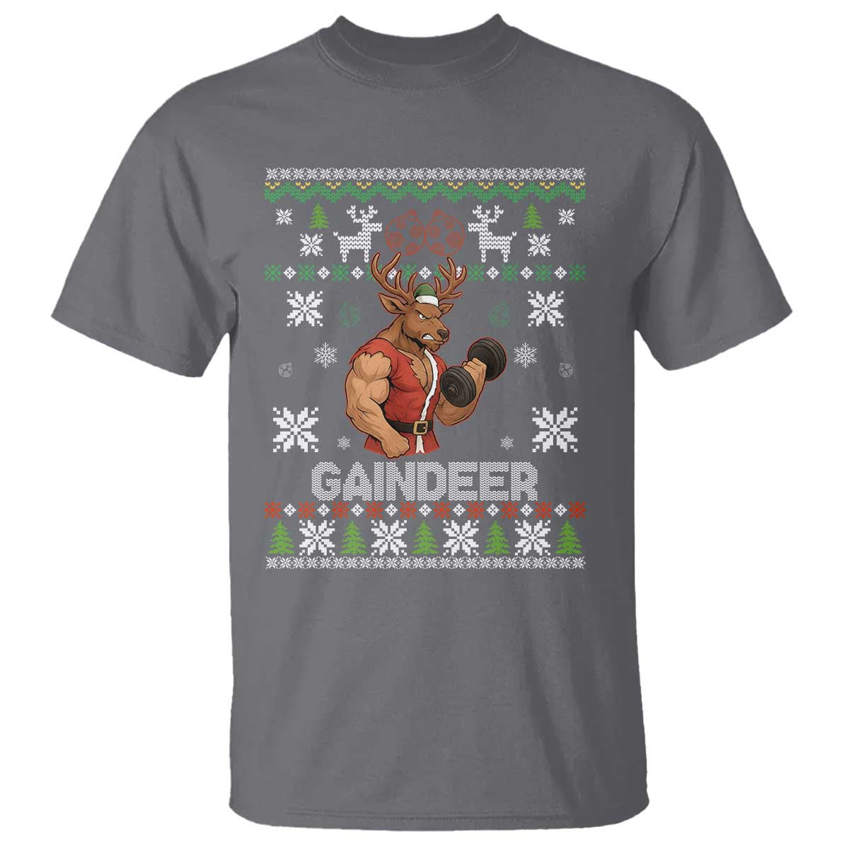 Funny Christmas Workout Gaindeer T Shirt Muscular Reindeer Holiday Gym Humor Wordplay TS02 Charcoal Print Your Wear