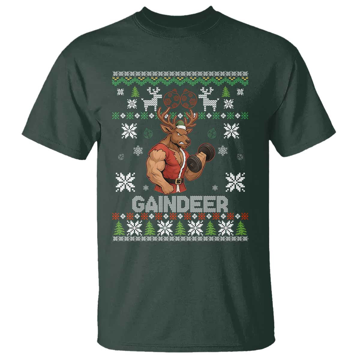 Funny Christmas Workout Gaindeer T Shirt Muscular Reindeer Holiday Gym Humor Wordplay TS02 Dark Forest Green Print Your Wear