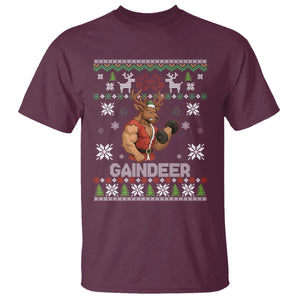 Funny Christmas Workout Gaindeer T Shirt Muscular Reindeer Holiday Gym Humor Wordplay TS02 Maroon Print Your Wear
