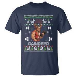 Funny Christmas Workout Gaindeer T Shirt Muscular Reindeer Holiday Gym Humor Wordplay TS02 Navy Print Your Wear