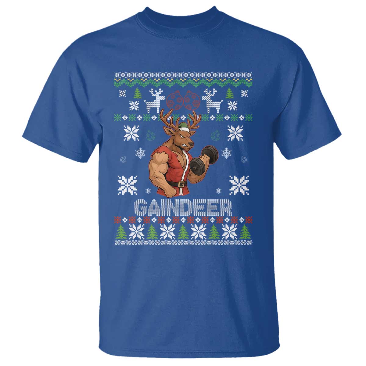 Funny Christmas Workout Gaindeer T Shirt Muscular Reindeer Holiday Gym Humor Wordplay TS02 Royal Blue Print Your Wear