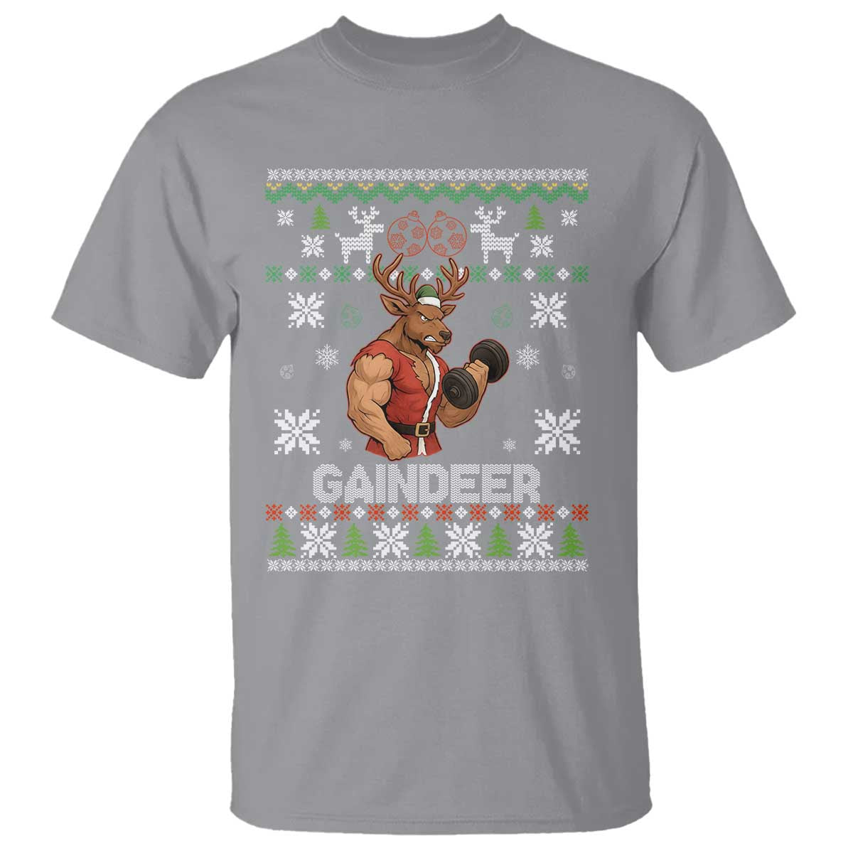 Funny Christmas Workout Gaindeer T Shirt Muscular Reindeer Holiday Gym Humor Wordplay TS02 Sport Gray Print Your Wear