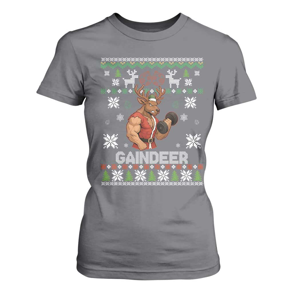 Funny Christmas Workout Gaindeer T Shirt For Women Muscular Reindeer Holiday Gym Humor Wordplay TS02 Charcoal Print Your Wear