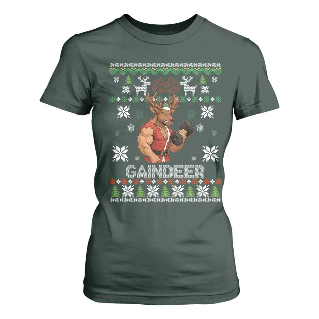 Funny Christmas Workout Gaindeer T Shirt For Women Muscular Reindeer Holiday Gym Humor Wordplay TS02 Dark Forest Green Print Your Wear