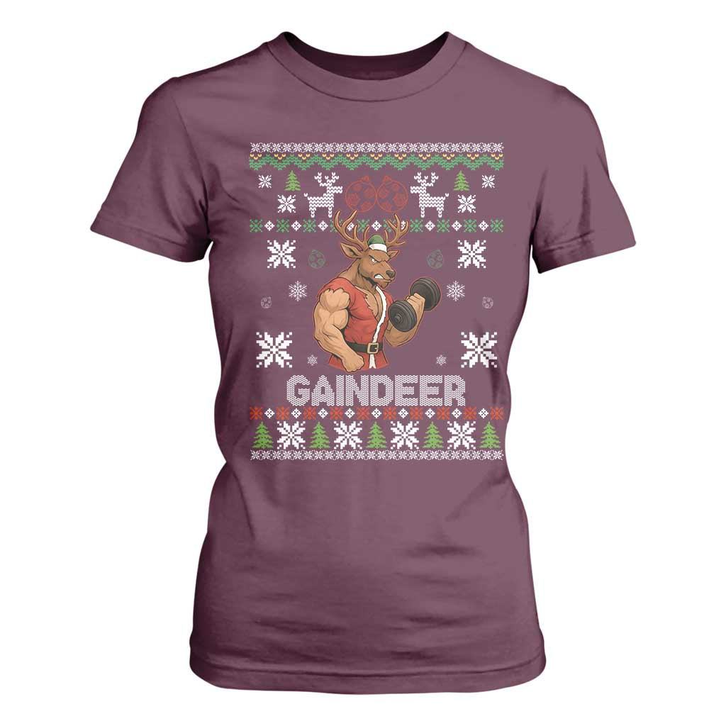 Funny Christmas Workout Gaindeer T Shirt For Women Muscular Reindeer Holiday Gym Humor Wordplay TS02 Maroon Print Your Wear