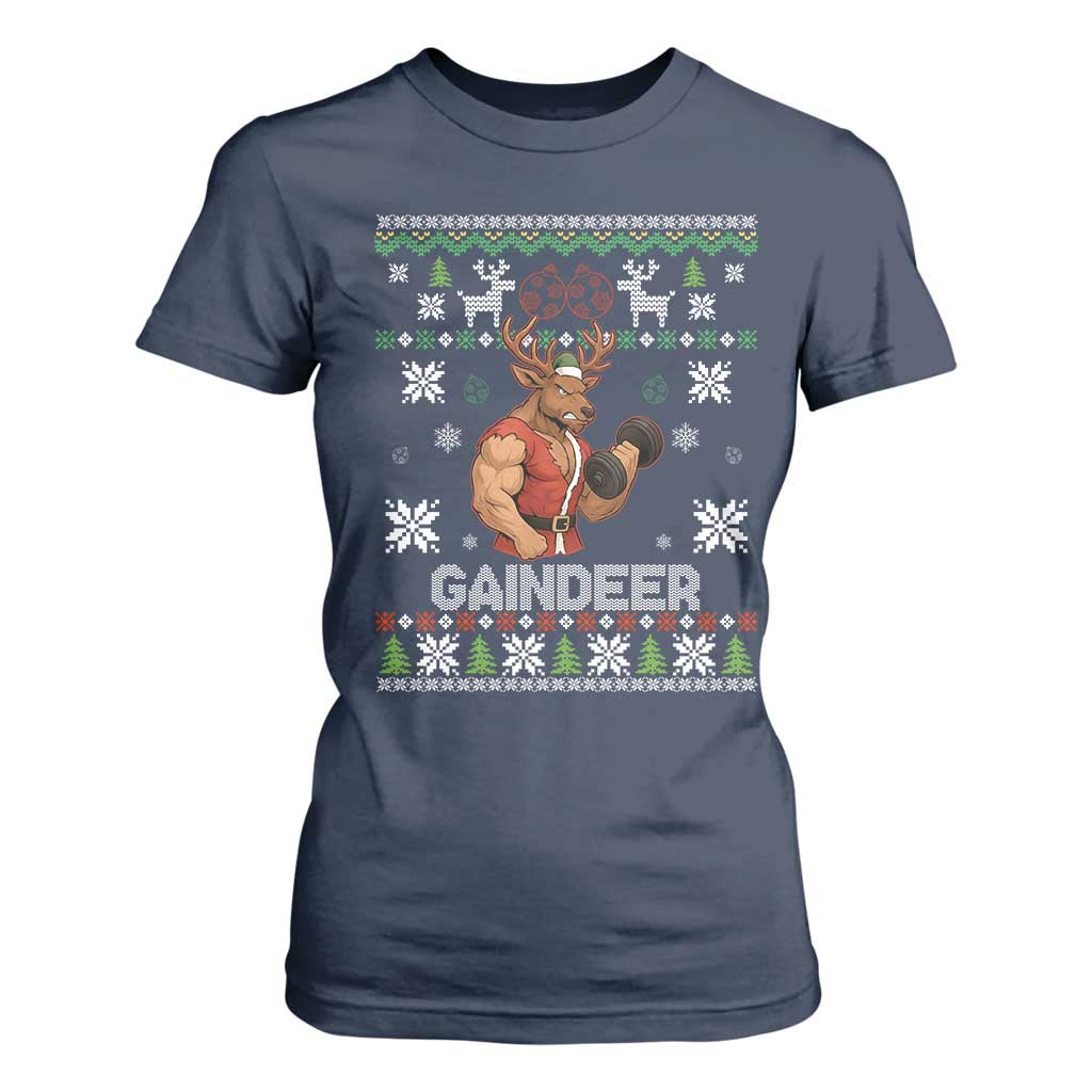Funny Christmas Workout Gaindeer T Shirt For Women Muscular Reindeer Holiday Gym Humor Wordplay TS02 Navy Print Your Wear