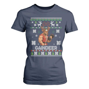 Funny Christmas Workout Gaindeer T Shirt For Women Muscular Reindeer Holiday Gym Humor Wordplay TS02 Navy Print Your Wear