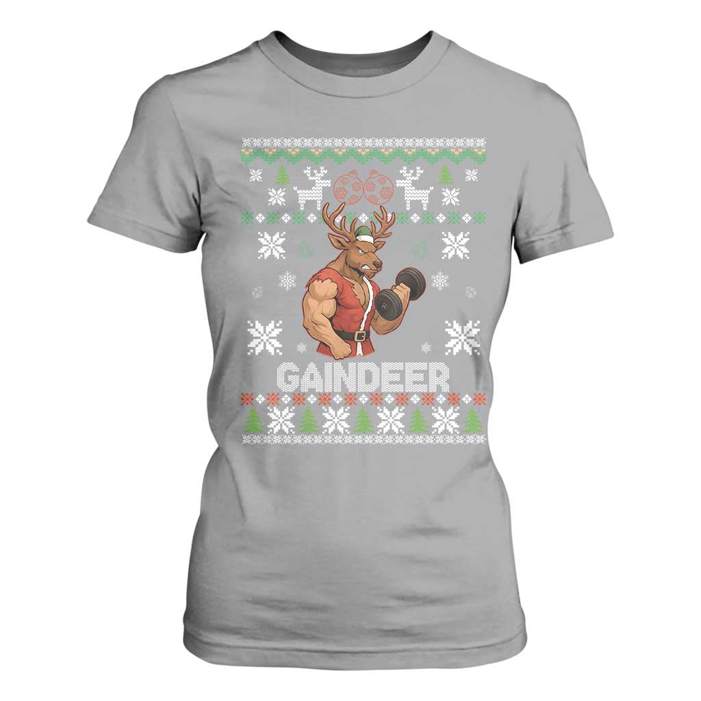 Funny Christmas Workout Gaindeer T Shirt For Women Muscular Reindeer Holiday Gym Humor Wordplay TS02 Sport Gray Print Your Wear