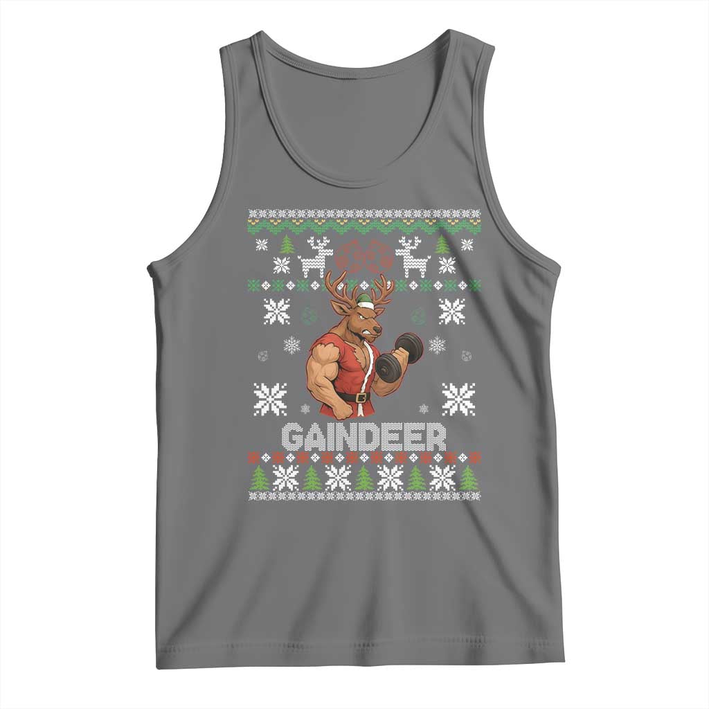 Funny Christmas Workout Gaindeer Tank Top Muscular Reindeer Holiday Gym Humor Wordplay TS02 Black Heather Print Your Wear