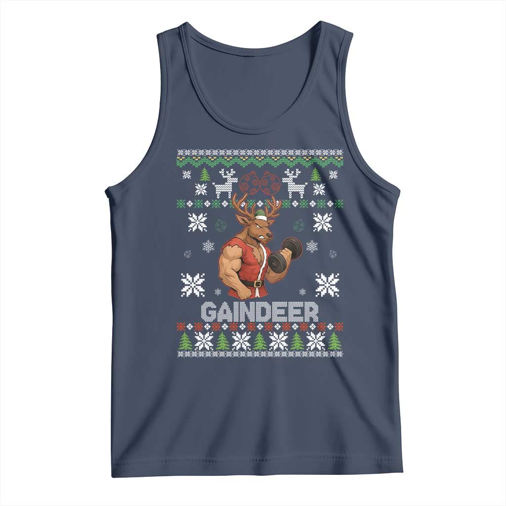 Funny Christmas Workout Gaindeer Tank Top Muscular Reindeer Holiday Gym Humor Wordplay TS02 Navy Print Your Wear