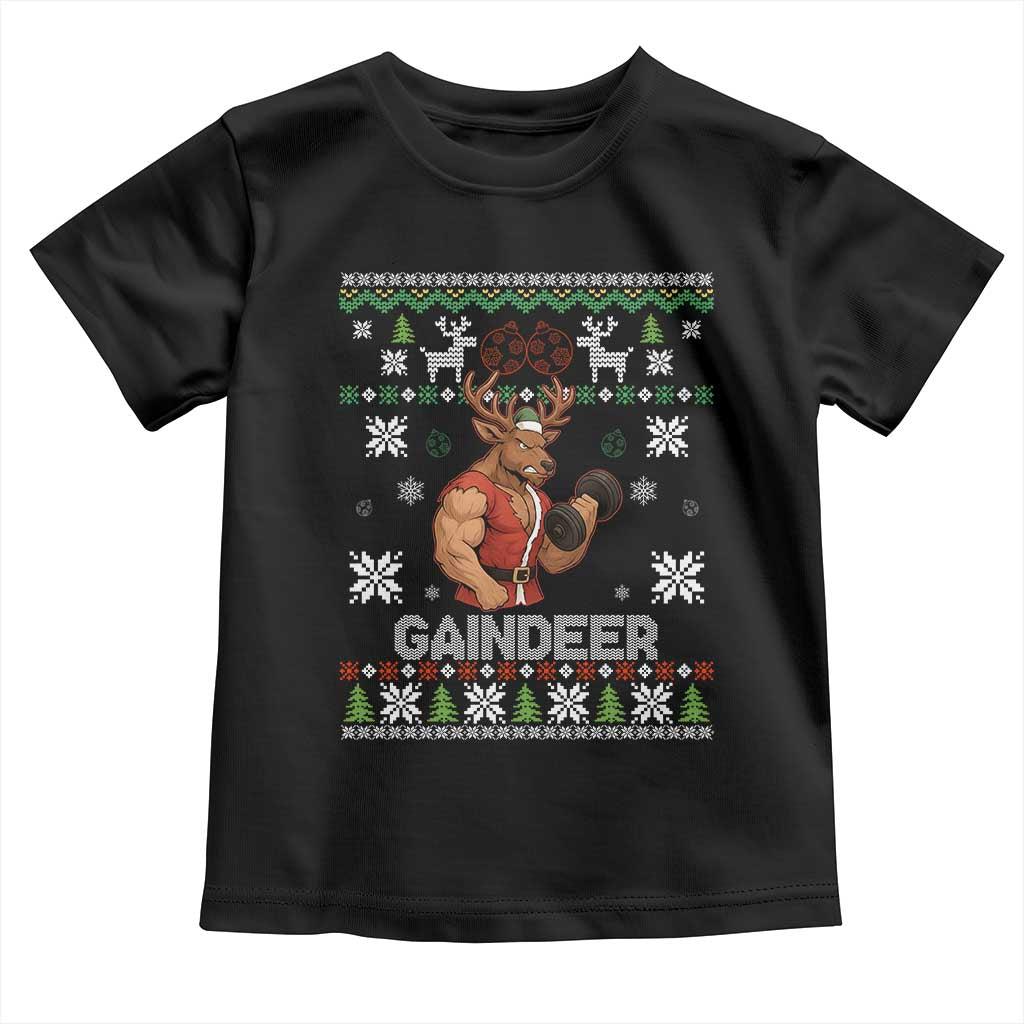 Funny Christmas Workout Gaindeer Toddler T Shirt Muscular Reindeer Holiday Gym Humor Wordplay TS02 Black Print Your Wear