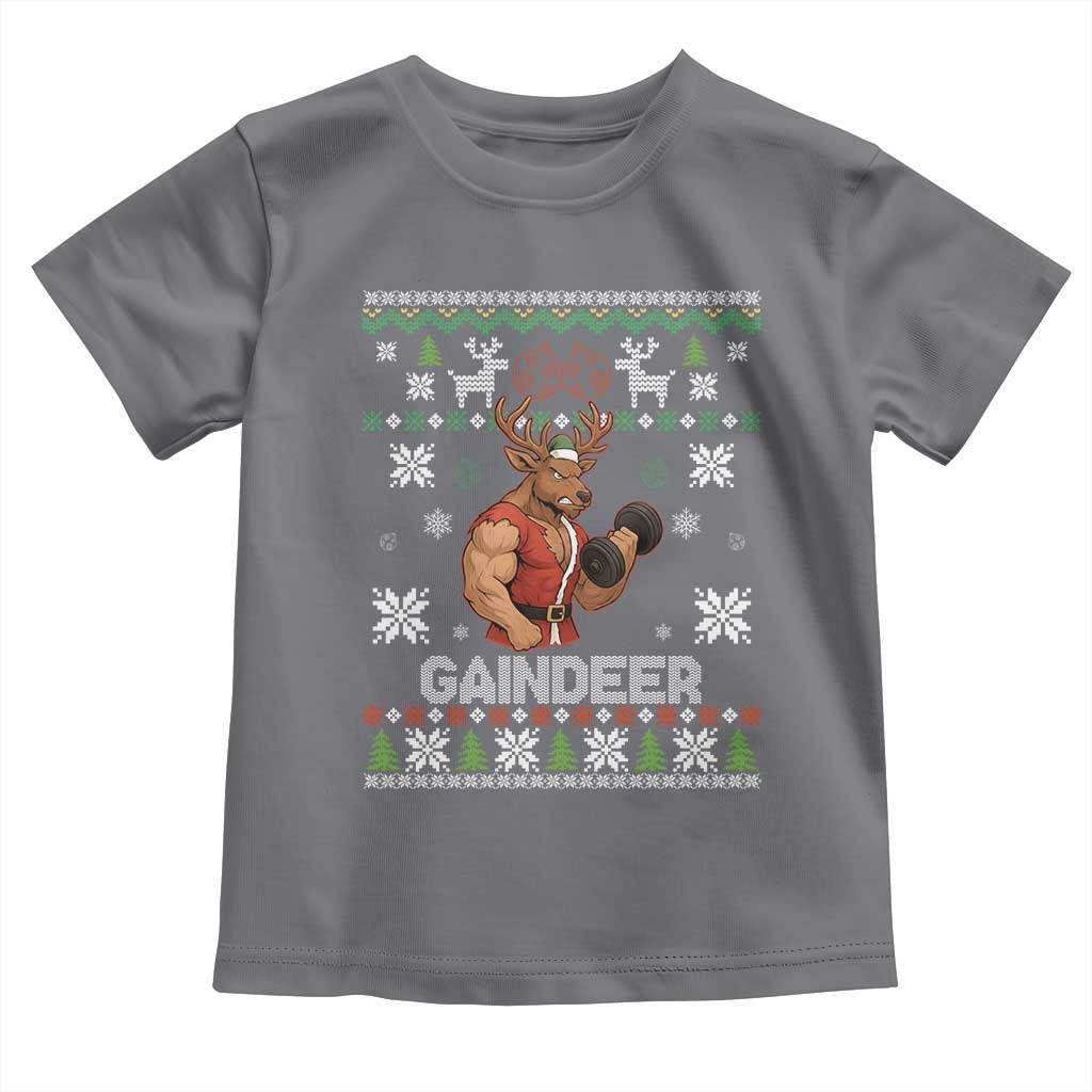 Funny Christmas Workout Gaindeer Toddler T Shirt Muscular Reindeer Holiday Gym Humor Wordplay TS02 Charcoal Print Your Wear