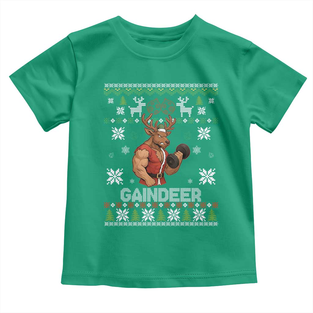 Funny Christmas Workout Gaindeer Toddler T Shirt Muscular Reindeer Holiday Gym Humor Wordplay TS02 Irish Green Print Your Wear