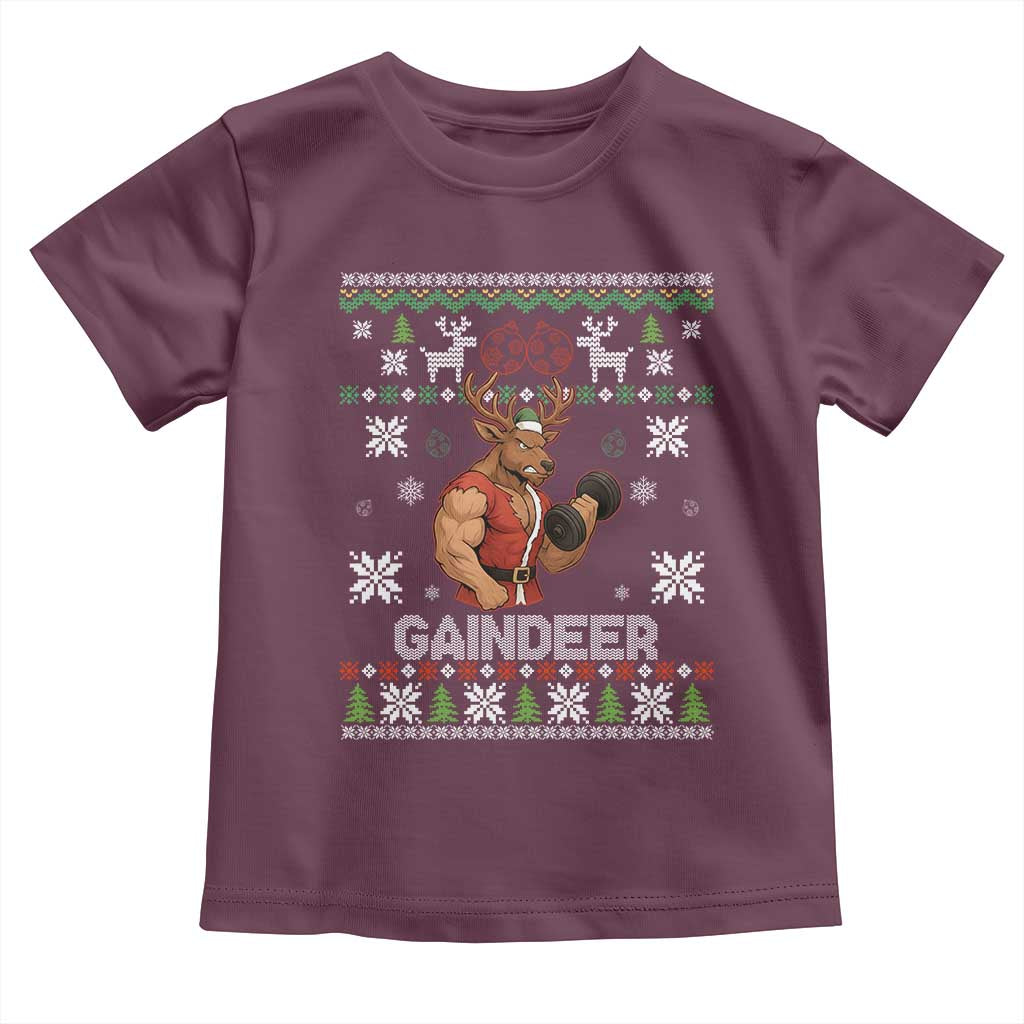 Funny Christmas Workout Gaindeer Toddler T Shirt Muscular Reindeer Holiday Gym Humor Wordplay TS02 Maroon Print Your Wear