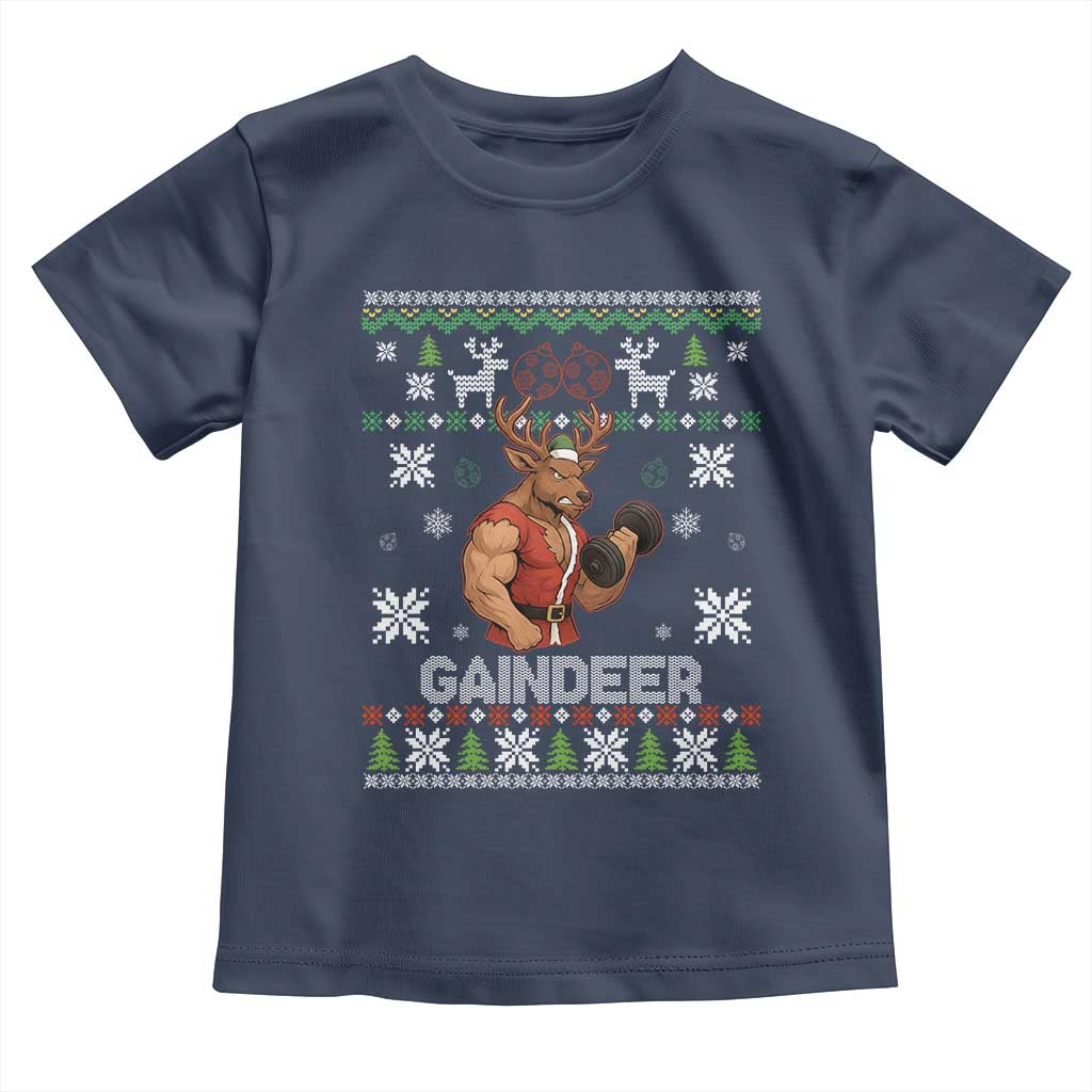 Funny Christmas Workout Gaindeer Toddler T Shirt Muscular Reindeer Holiday Gym Humor Wordplay TS02 Navy Print Your Wear