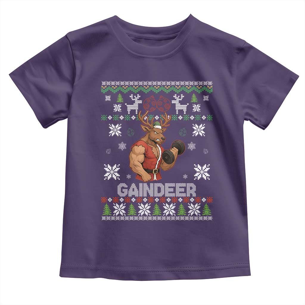 Funny Christmas Workout Gaindeer Toddler T Shirt Muscular Reindeer Holiday Gym Humor Wordplay TS02 Purple Print Your Wear