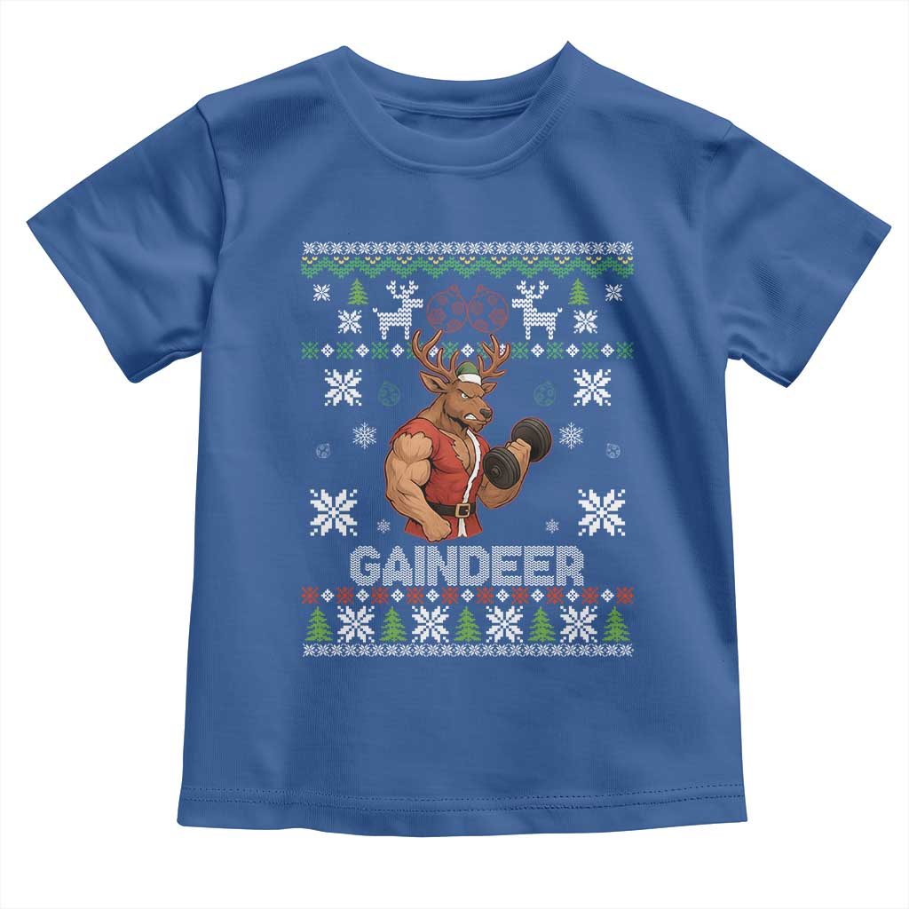 Funny Christmas Workout Gaindeer Toddler T Shirt Muscular Reindeer Holiday Gym Humor Wordplay TS02 Royal Blue Print Your Wear