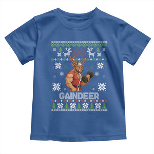 Funny Christmas Workout Gaindeer Toddler T Shirt Muscular Reindeer Holiday Gym Humor Wordplay TS02 Royal Blue Print Your Wear
