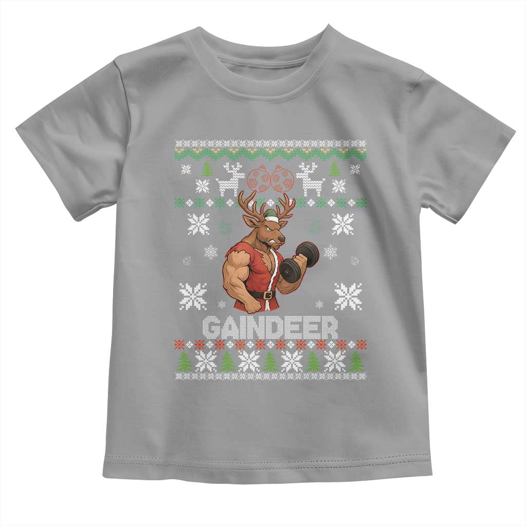 Funny Christmas Workout Gaindeer Toddler T Shirt Muscular Reindeer Holiday Gym Humor Wordplay TS02 Sport Gray Print Your Wear