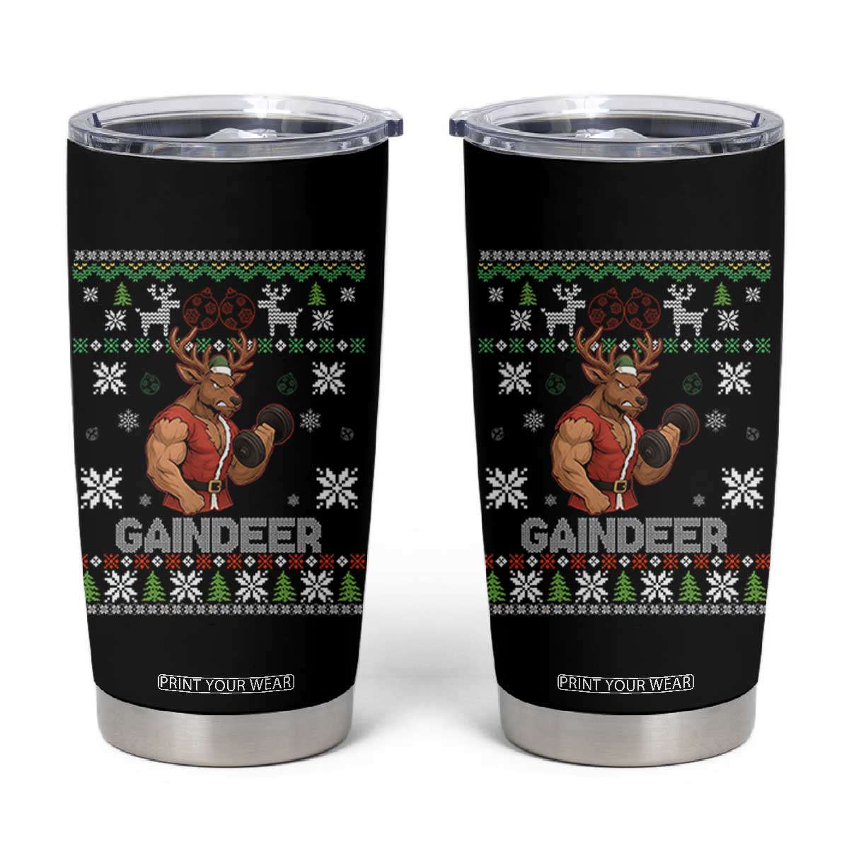 Funny Christmas Workout Gaindeer Tumbler Cup Muscular Reindeer Holiday Gym Humor Wordplay TS02 Black Print Your Wear