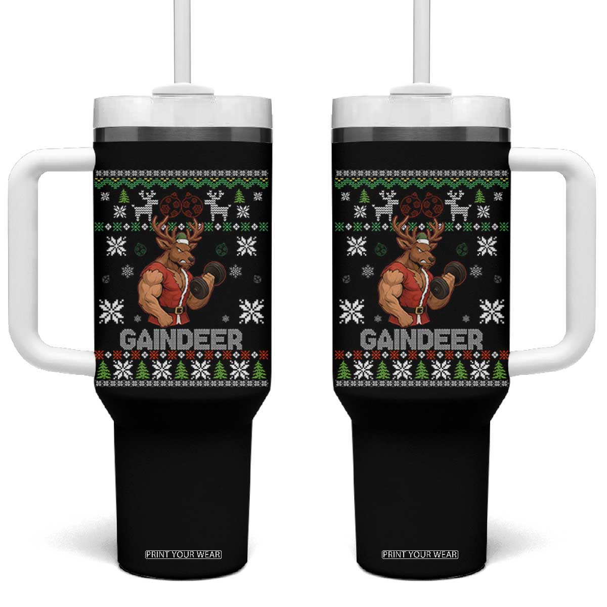 Funny Christmas Workout Gaindeer Tumbler With Handle Muscular Reindeer Holiday Gym Humor Wordplay TS02 One Size: 40 oz Black Print Your Wear