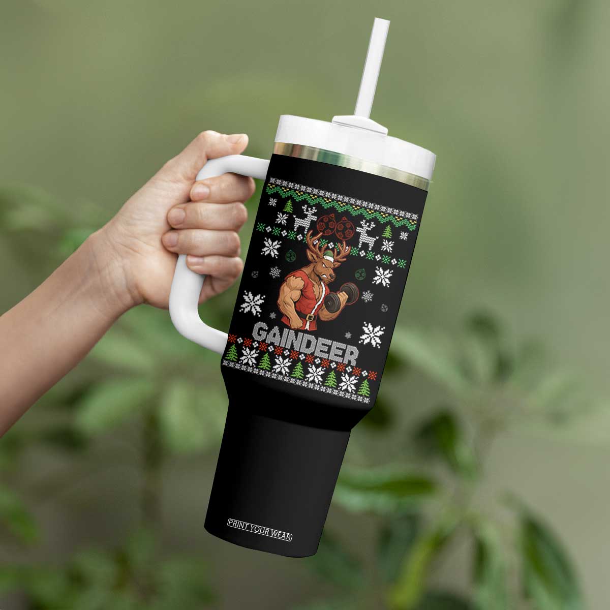 Funny Christmas Workout Gaindeer Tumbler With Handle Muscular Reindeer Holiday Gym Humor Wordplay TS02 Print Your Wear