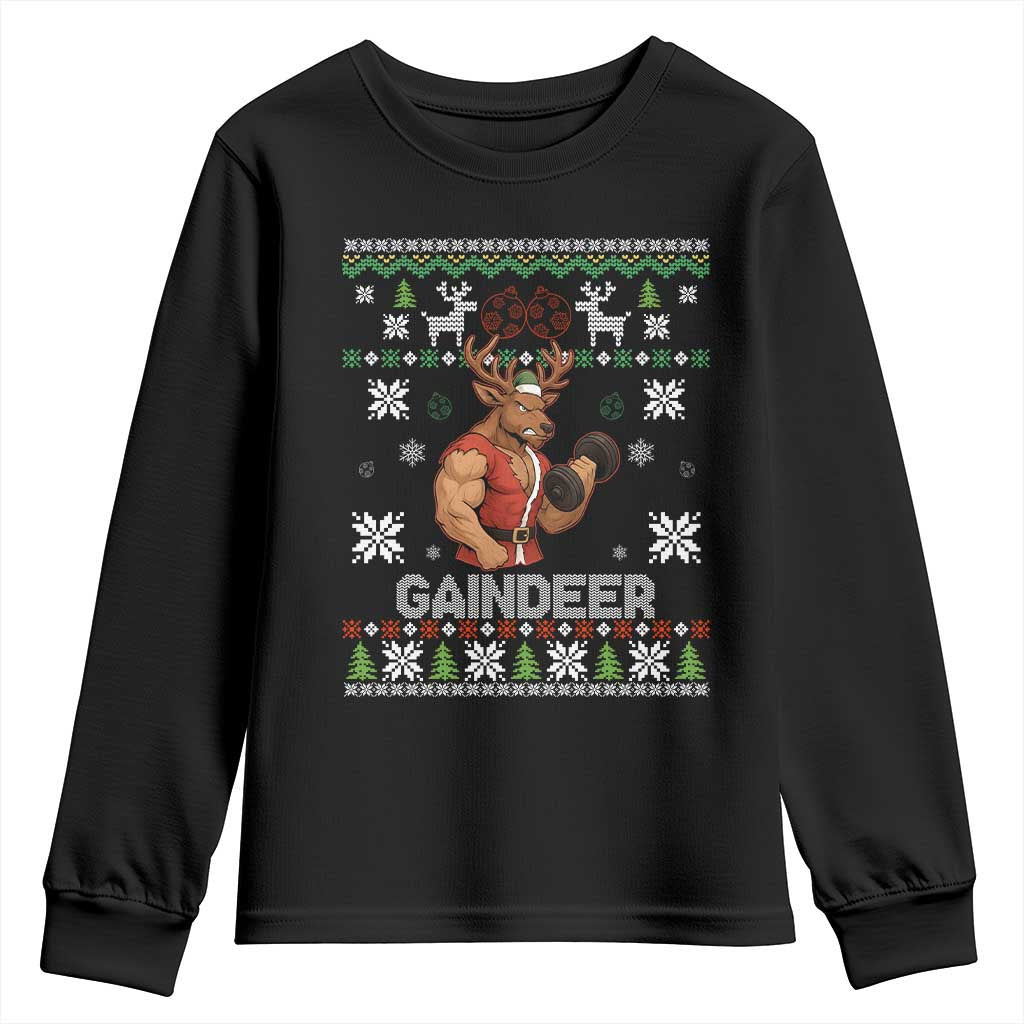 Funny Christmas Workout Gaindeer Youth Sweatshirt Muscular Reindeer Holiday Gym Humor Wordplay TS02 Black Print Your Wear