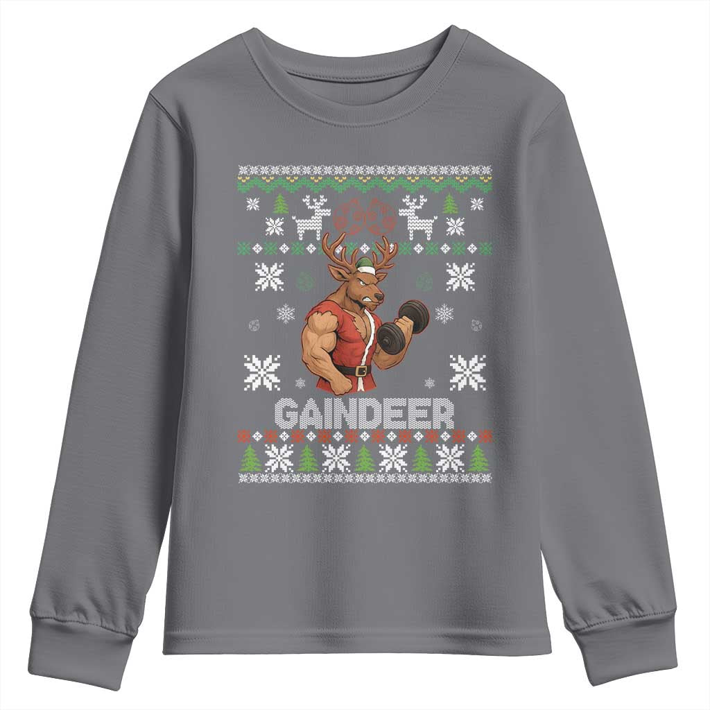 Funny Christmas Workout Gaindeer Youth Sweatshirt Muscular Reindeer Holiday Gym Humor Wordplay TS02 Charcoal Print Your Wear