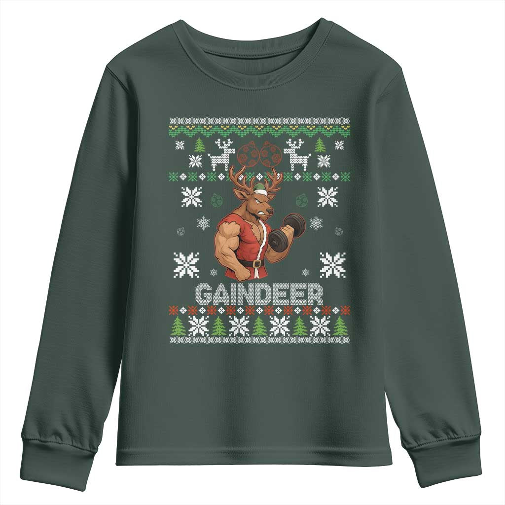 Funny Christmas Workout Gaindeer Youth Sweatshirt Muscular Reindeer Holiday Gym Humor Wordplay TS02 Dark Forest Green Print Your Wear