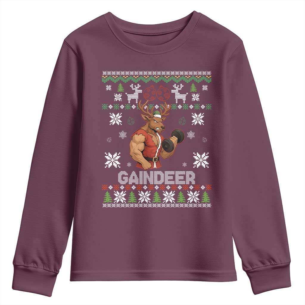 Funny Christmas Workout Gaindeer Youth Sweatshirt Muscular Reindeer Holiday Gym Humor Wordplay TS02 Maroon Print Your Wear