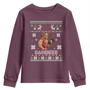 Funny Christmas Workout Gaindeer Youth Sweatshirt Muscular Reindeer Holiday Gym Humor Wordplay TS02 Maroon Print Your Wear