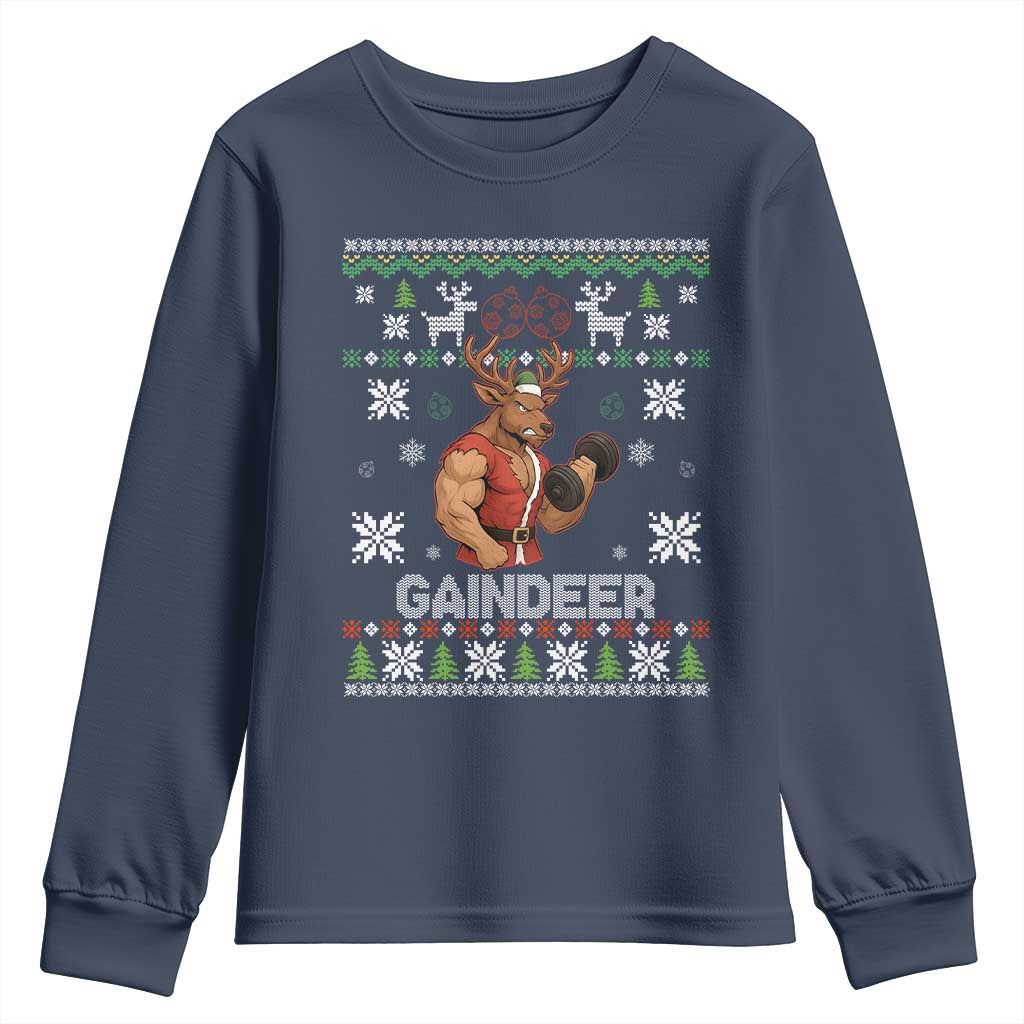 Funny Christmas Workout Gaindeer Youth Sweatshirt Muscular Reindeer Holiday Gym Humor Wordplay TS02 Navy Print Your Wear