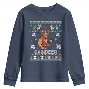 Funny Christmas Workout Gaindeer Youth Sweatshirt Muscular Reindeer Holiday Gym Humor Wordplay TS02 Navy Print Your Wear