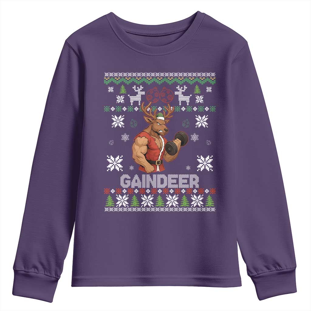 Funny Christmas Workout Gaindeer Youth Sweatshirt Muscular Reindeer Holiday Gym Humor Wordplay TS02 Purple Print Your Wear