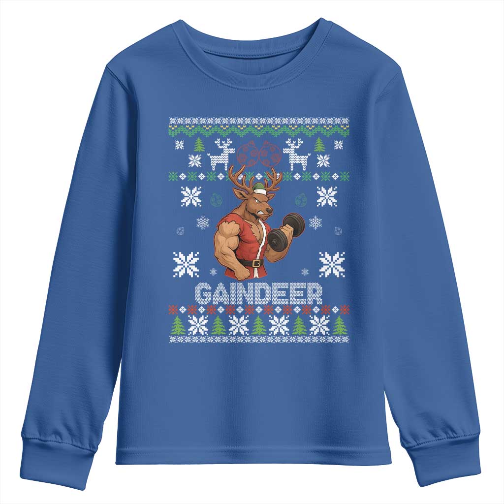 Funny Christmas Workout Gaindeer Youth Sweatshirt Muscular Reindeer Holiday Gym Humor Wordplay TS02 Royal Blue Print Your Wear