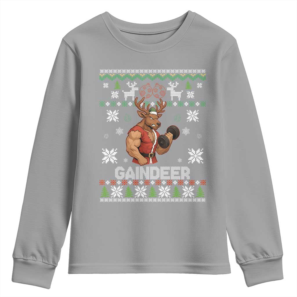 Funny Christmas Workout Gaindeer Youth Sweatshirt Muscular Reindeer Holiday Gym Humor Wordplay TS02 Sport Gray Print Your Wear