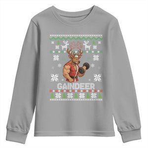 Funny Christmas Workout Gaindeer Youth Sweatshirt Muscular Reindeer Holiday Gym Humor Wordplay TS02 Sport Gray Print Your Wear