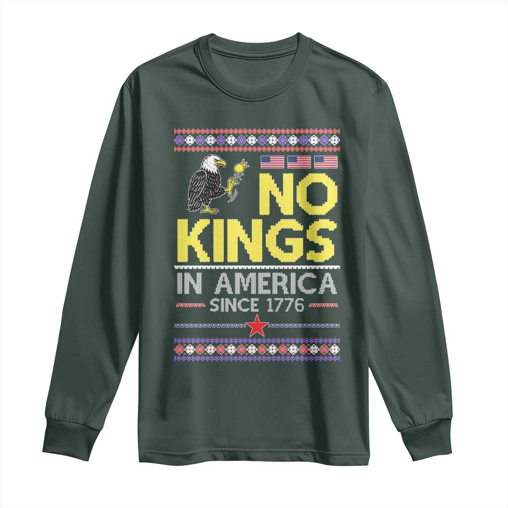 Funny Patriotic Christmas No Kings in America Long Sleeve Shirt Since 1776 Bald Eagle Ugly Sweater TS02 Dark Forest Green Print Your Wear