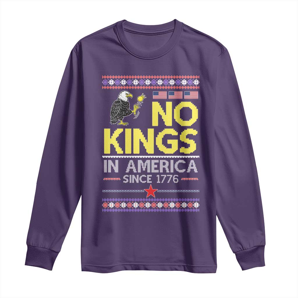 Funny Patriotic Christmas No Kings in America Long Sleeve Shirt Since 1776 Bald Eagle Ugly Sweater TS02 Purple Print Your Wear