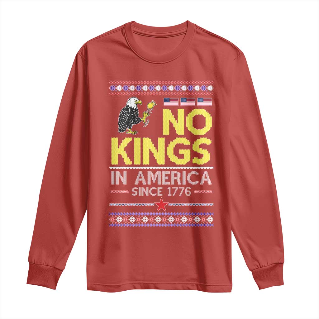 Funny Patriotic Christmas No Kings in America Long Sleeve Shirt Since 1776 Bald Eagle Ugly Sweater TS02 Red Print Your Wear
