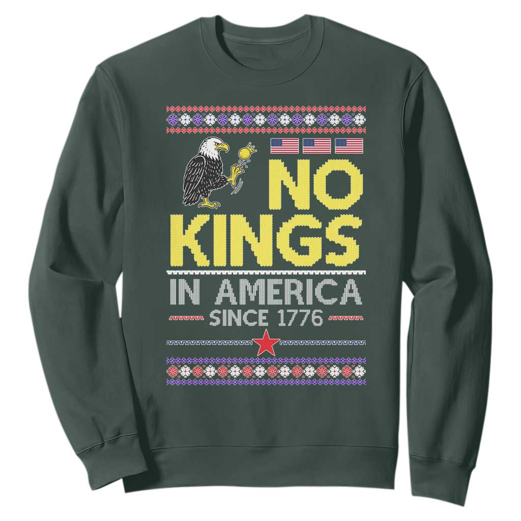 Funny Patriotic Christmas No Kings in America Sweatshirt Since 1776 Bald Eagle Ugly Sweater TS02 Dark Forest Green Print Your Wear