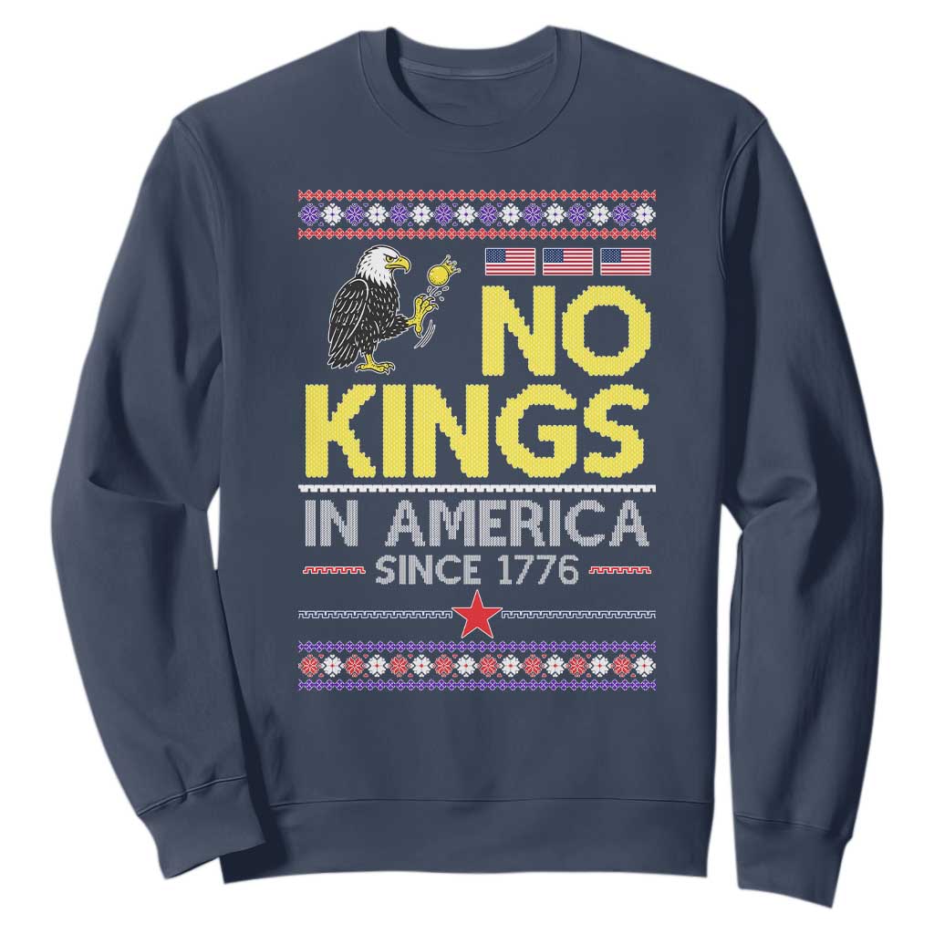 Funny Patriotic Christmas No Kings in America Sweatshirt Since 1776 Bald Eagle Ugly Sweater TS02 Navy Print Your Wear