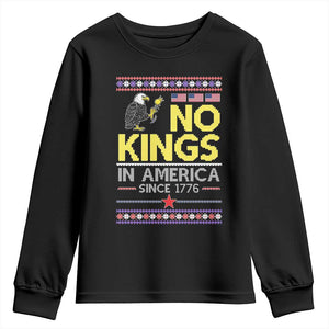 Funny Patriotic Christmas No Kings in America Youth Sweatshirt Since 1776 Bald Eagle Ugly Sweater TS02 Black Print Your Wear