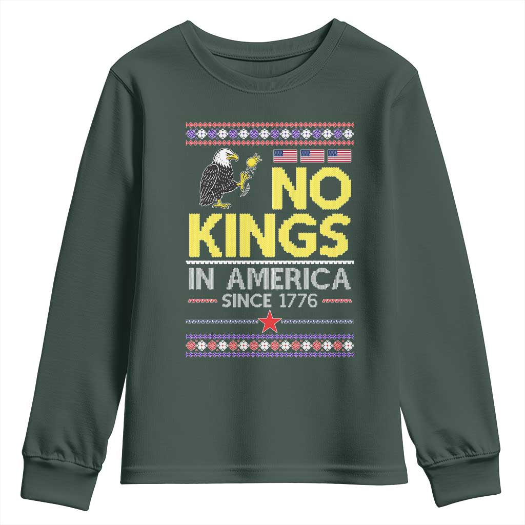 Funny Patriotic Christmas No Kings in America Youth Sweatshirt Since 1776 Bald Eagle Ugly Sweater TS02 Dark Forest Green Print Your Wear