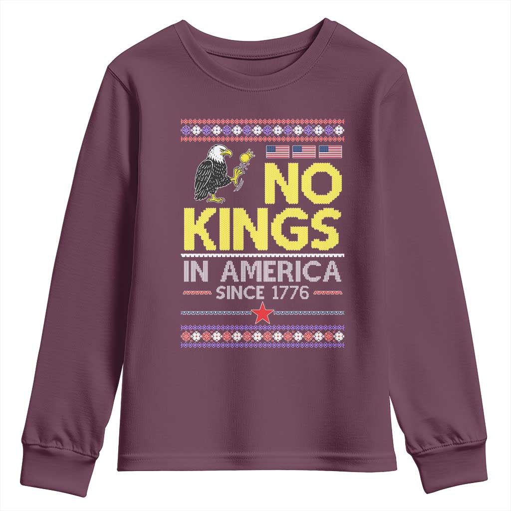 Funny Patriotic Christmas No Kings in America Youth Sweatshirt Since 1776 Bald Eagle Ugly Sweater TS02 Maroon Print Your Wear