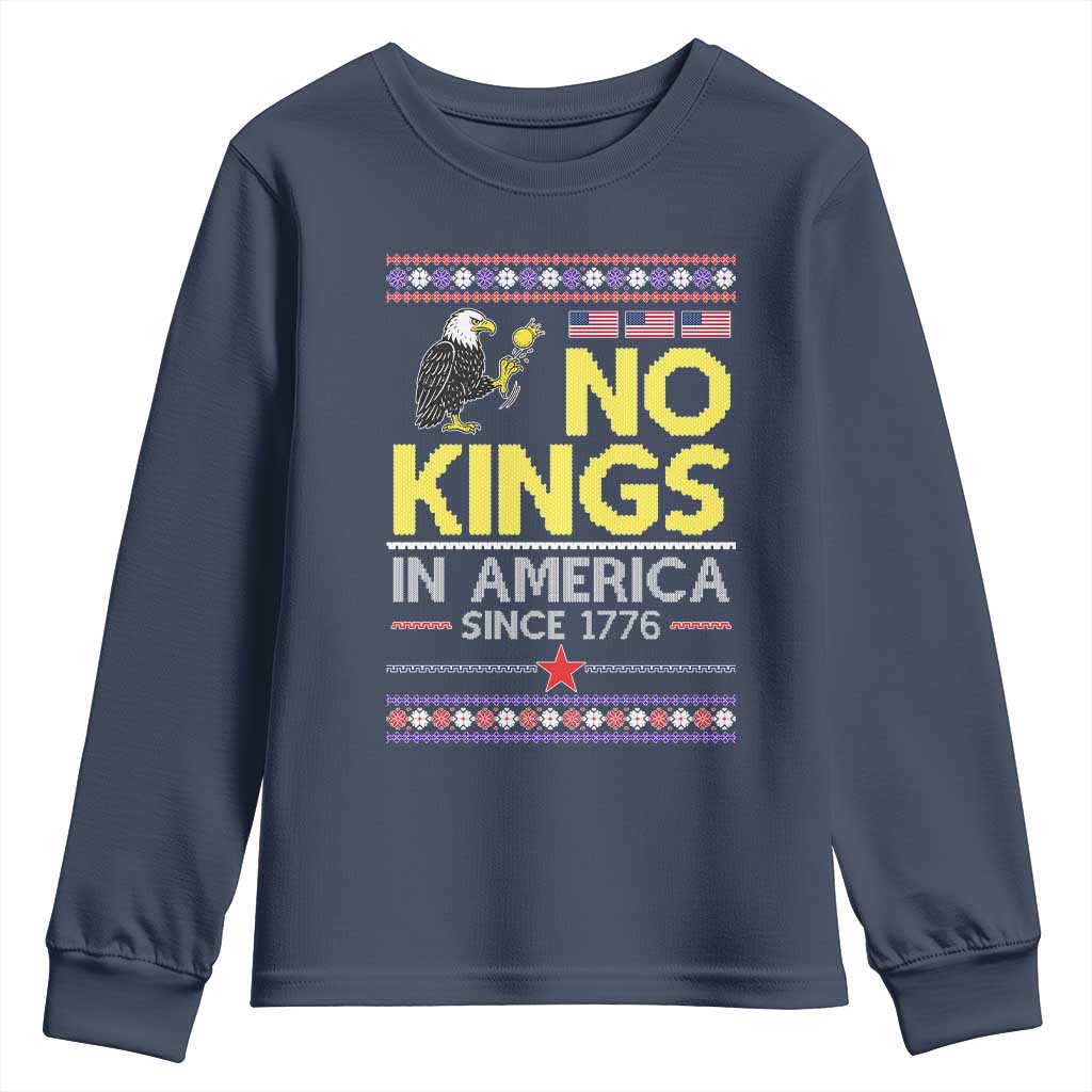 Funny Patriotic Christmas No Kings in America Youth Sweatshirt Since 1776 Bald Eagle Ugly Sweater TS02 Navy Print Your Wear