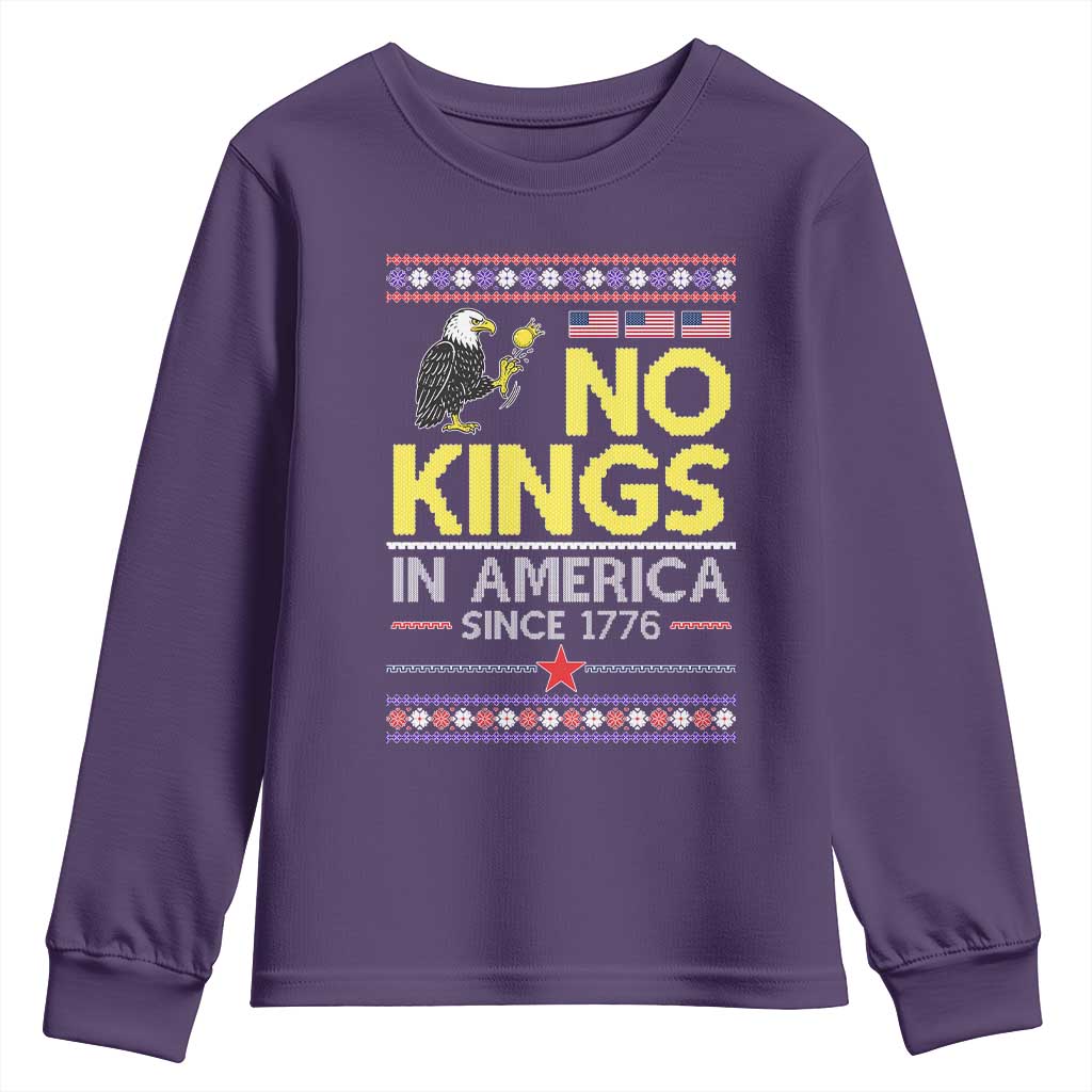 Funny Patriotic Christmas No Kings in America Youth Sweatshirt Since 1776 Bald Eagle Ugly Sweater TS02 Purple Print Your Wear