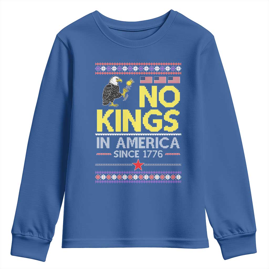 Funny Patriotic Christmas No Kings in America Youth Sweatshirt Since 1776 Bald Eagle Ugly Sweater TS02 Royal Blue Print Your Wear