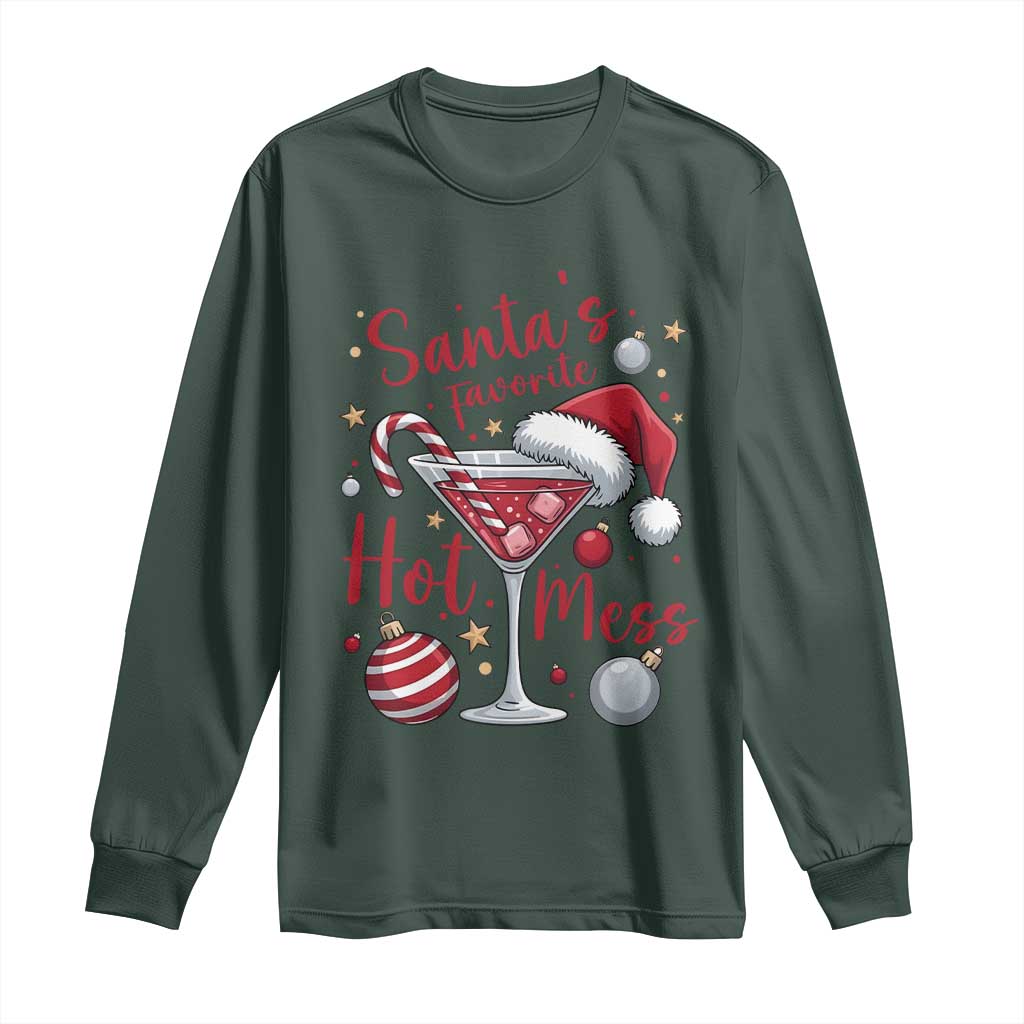 Funny Santa Favorite Hot Mess Long Sleeve Shirt Christmas Drinking Cocktail Lover TS02 Dark Forest Green Print Your Wear